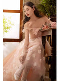 Daiiibabyyy  Pink Applique Wedding Dresses Women Off The Shoulder Ankle-length Evening Party Dress Customized Prom Formal Occasion Dress