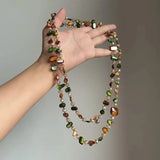 Daiiibabyyy  Bohemian-style Irregular Natural Shell Crystal Beaded Long Double Layer Fold Wear Necklace for Women Personality Fashion Jewelry