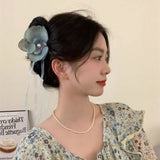 Daiiibabyyy Pearl Phalaenopsis Flower Hairpin Cloth Floral Silk Ribbon Bohemia Side Clip Large Simulation Flower Hairpin Seaside Vacation