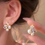 Daiiibabyyy  Exquisite Irregular Square Shinny Zircon Pearl Earrings for Women Light Luxury Sweet Stud Earrings Wedding Jewelry Accessories