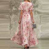 Daiiibabyyy  Sexy V-neck Lace-Up Waist Sweet Long Dress Elegant Flower Print Bohe Party Dress Women Casual Lotus Leaf Sleeve Holiday Dresses