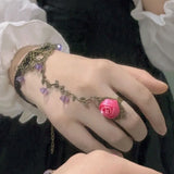 Daiiibabyyy  Lolita Gothic Crystal Finger Bracelet for Women Baroque Rose Lace Bracelet with Finger Ring Charm Vampire Hand Jewelry Pulseras