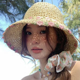 DAIIIBABYYY  -  Women's Korean Fashion Large Brim Straw Beach Hat Breathable Solid Color Fisherman Style for Seaside Vacation