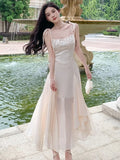 DAIIIBABYYY  -  Women Sleeveless Spaghetti Strap Solid Midi Dress Summer Elegant Slim Gauze Sweet Cute Fairy Korean Dresses