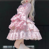 Daiiibabyyy  Long Sleeve Lolita Sweet Kawaii Cosplay Holiday Party Blouse Pink Black White Stand Collar Solid Shirt Lace JK SK Ruffle Tops