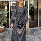 Daiiibabyyy Fashion Banquet Stain Split Long Dress Elegant Solid Round Neck Folds Party Dress Elegant Long Sleeve Women Slim Long Dress