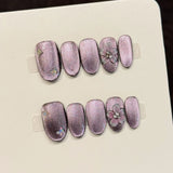 Daiiibabyyy  10Pcs Handmade Press On Nails Purple Crystal Flower Fake Nails With Design Japanese Style Glitter Cat's Eye Artificial Nail Tips