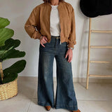 Daiiibabyyy  Women Vintage Faux Suede Bomber Jacket Ribbed Stand Collar Zip Up Long Sleeve Loose Short Casual Outerwear Autumn Coat