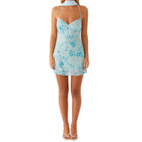 Daiiibabyyy  Women's Summer Sequined Flower Embroidery Beaded Bodycon Mini Dress Sleeveless Spaghetti Strap V Neck Night Out Dress with Scarf