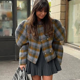 DAIIIBABYYY  -  Woman Autumn Fashion Vintage Woolen Jacket Plaid O-Neck Long Sleeves Buttons Double Breasted Female Chic Streetwear Style Coats