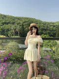 Daiiibabyyy  Ruffled One-length Necklace Spliced A-line Dress with Pleated Waist Design Sweet