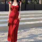 Daiiibabyyy  Summer Women Party Backless Bandage Dresses Lady Daily Holiday Leisure Satin Dress Female Gentle Aesthetic Long Bridal Dress