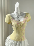 Daiiibabyyy  Yellow Floral Embroidery Ruffle Patchwork Heart Neck Waist Cinched Short Sleeve Top