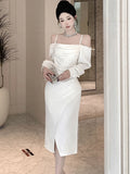 DAIIIBABYYY  -  Autumn Winter White Acetate Satin Chic Sling Sexy Dress Women Long Sleeve Elegant Holiday Dress 2025 Korean Bodycon Party Dress