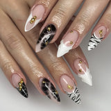 Daiiibabyyy  24Pcs Yellow Pink Gradient Fake Nails 3D Irregular Gilded French False Nails Press on Mid-length Almond Reusable Manicure Tips