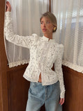 Daiiibabyyy  Lace Blouse Crochet Slim Fit Blouse Stand Collar Elegant Commuter Shirt Cute Feminine Breathable Button Down Stylish Shirt