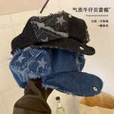 DAIIIBABYYY  -  Y2k Rough Edge Star Design Denim Berets Caps Showing Face Small Spring and Autumn Ins New Korean Niche Retro Women's Hats