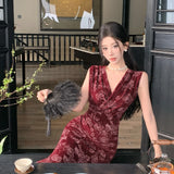 DAIIIBABYYY  -  Chinese Style Elastic Velvet Printed Evening Dress Women's Spring/summer Pure Sexy V-neck Slim Dress Fashion Female Clothes