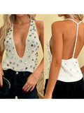 Daiiibabyyy  Women s V-Neck Sleeveless Blouse Summer White Open Back Lace Trim Tank Tops with Adjustable Straps and Ruffles