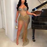 DAIIIBABYYY  -  Sexy Spaghetti Strap Dresses for Women Square Neck Diamond Mesh Patchwork Floor Length Ladies Evening Night Club Vestidos Cloth