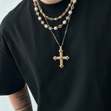 DAIIIBABYYY  -  3pcs/set Fashion Luxury Imitation Pearl Rhinestone Flower Beads Choker Necklace Men Exquisite Cross Pendant Jewelry