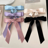 Daiiibabyyy Fashion Solid Color Satin Bow Long Ribbon Hair Clips for Women Korean Style Design Lady Hairpins Headwear
