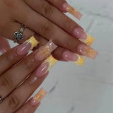 Daiiibabyyy  24Pcs Mid-length Ballet False Nail with Blue French 3D Flower Design Press on Nails Reusable Finished Full Cover Fake Nails Tips
