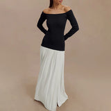 DAIIIBABYYY  -  Elegant Slash Neck Side Split Robe Dresses Spring Long Sleeve Pleated High Waist Dress Lady Sexy Off Shoulder Slim Evening Dress