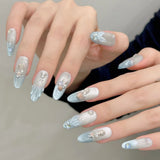 Daiiibabyyy  10pcs Handmade Press On Nails 3D Fish Tail Decor Almond False Nails Crystal Gradient Blue Cat's Eye Flash French Fake Nail Tips