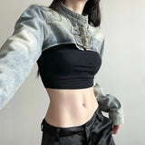 DAIIIBABYYY  -  Y2K Cropped Denim Jacket Women Vintage 90S Sexy Long Sleeve Jeans Coats Summer Gyaru Harajuku Streetwear Design Outerwears
