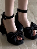DAIIIBABYYY  -  Sweet Bow Chunky Heel Buckle Sandals Women 2024 Platform Square Toe Roman High Heels Shoes Female Fashion French Style Sandals