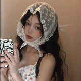 DAIIIBABYYY  -  Korean Lace Floral Hair Scarf female flower white sweet Triangle Scarf Summer Thin Breathable Travel Photo Headband head Scarf