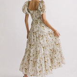 Daiiibabyyy  Women Summer Square Collar Holiday Dress 2025 Chic Floral Print Female Long Dress French Elegant Puff Sleeve Swing A-line Dress
