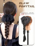Daiiibabyyy  Polka Dot Bow Twist Braid Synthetic Ponytail Wig For Daily Wear Elegent Low-tie Synthetic Claw Clip Braided Ponytail Hairpiece