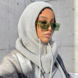 Daiiibabyyy New Women's Hooded Scarf Pullover Hat Solid Color Knit Pullover Drawstring Balaclava Winter Warm Hat Beanie 6 Colors