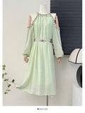 DAIIIBABYYY  -  Sexy Red Green Long Holiday Beach Party Dress Bohemian Fashion Halter Off Shoulder Dress Robe Beads Sequined Belted A Line Dress