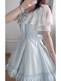 Daiiibabyyy  Coquette Sweet Lolita Dress Women Lace Trim Bow Ruffle Short Sleeve Ruched Waist Bubble Hem Slim Fit Mini Dress Elegant Beach