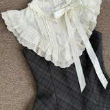 Daiiibabyyy  French Vintage Plaid Fake Two-Piece Dress Women Summer New Lace Splicing Elegant Sleeveless Short Skirt Geometric Pattern Pol...