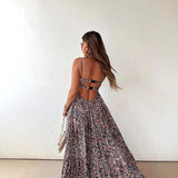 Daiiibabyyy  Women Elegant Floral Print Sling Dress Sexy Off Shoulder Backless Long Pleated Party Dress Fashion Hight Waist Swing Bohe Dress