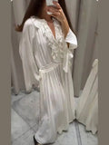 Daiiibabyyy  Elegant White Loose Guaze Long Dresses Woman Casual V Neck Flare Full Sleeve Long Robes New Female High Street Office Dress TP2P