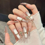 Daiiibabyyy  10pcs Handmade Long Oval Press On Nails Ice Blue 3D Butterfly Flower Design False Nail Tips For Wedding Wearable Fake Nails