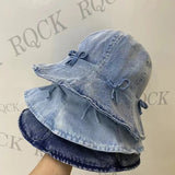 DAIIIBABYY  -  Korean Niche Design Bow Bucket Hats for Women Spring and Summer Travel Sweet Versatile Sunscreen Retro Denim Men's Caps