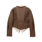 DAIIIBABYYY  -  Vintage Faux Fur Leather Jackets Women Loose Lace Up V-neck Long Sleeve Pocket Belt Coat 2024 Autumn Winter High Street Outwear