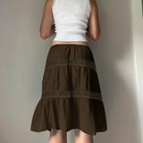 Daiiibabyyy  Vintage Skirt for Woman A-Line Beaded Tie-Waist Chic Brown Lace Design Slim Mid-length Skirt Y2k Boho Clothes New