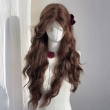 Daiiibabyyy  Chestnut Brown Long Water Wave Synthetic Wig Curtain Bangs Sweet Women Daily Party Lolita Cosplay Dating Costume Hairpiece