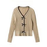 DAIIIBABYYY  -  Sweet Girl V-neck Bow Long-sleeved Knitted Sweaters Autumn and Winter Korean Style Slim Fit Versatile Temperament Pullover Tops