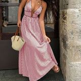 Daiiibabyyy  Women Deep V Neck Color Blocked Striped Vacation Dress Summer Backless Sleeveless Hanging Neck Beach Straps Leisure Long Skirt