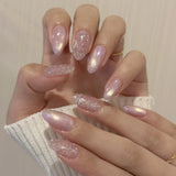 Daiiibabyyy  24Pcs French White Gradient Almond Press on Nails Flower Pattern False Nails with 3D Rhinestone Design Fake Nail Art