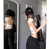 Daiiibabyyy  Sexy Letter Printing T-shirt For Women Fashionable Regular Shoulder Short Sleeve Slim Fit Tight Personalized Street Backless Top