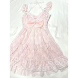Daiiibabyyy  Coquette Sweet Vintage Lolita 2 Piece Dress Set Women Lace Bow Halter Puff Strap Ruched Waist Slim Fit Mini Dress Elegant Outfit